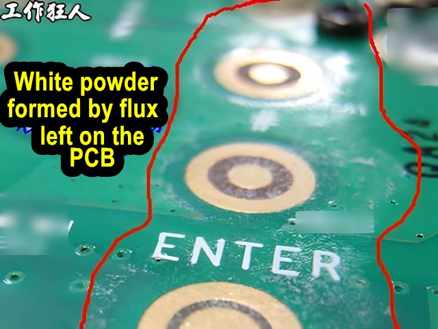White powder contamination formed after intentionally applying flux on the PCB and letting it sit