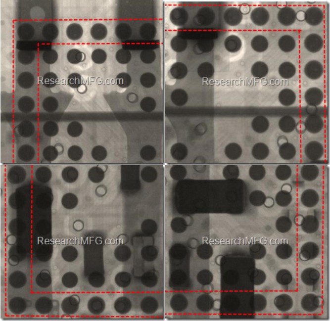 X-ray image of a BGA with solder balls smaller than 0.4 mm, showing reduced solder paste volume on the inner rows. The dark circular areas representing the solder deposits are slightly larger along the outermost rows.
