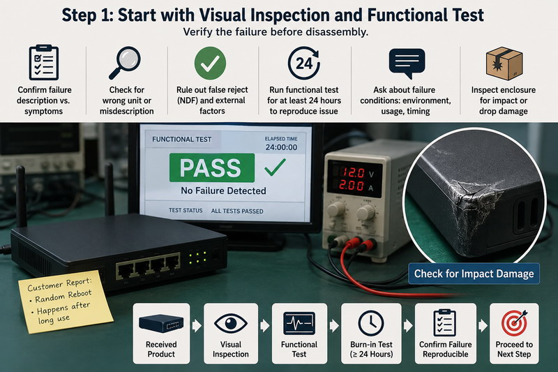 Defect analysis Step 1. If the Returned Product Is Still Fully Assembled, Start with a Visual Inspection and Functional Test